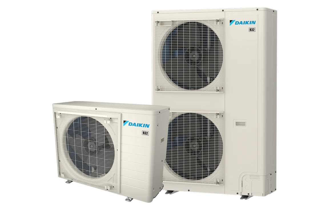 Official Daikin FIT DH7VS product image showing single-fan and taller double-fan outdoor cabinets