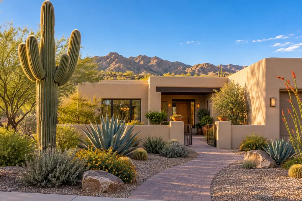 A Tucson home surrounded by desert landscaping